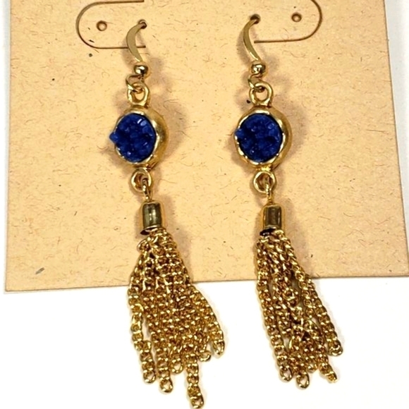 NWT Gold-tone Fringe chain Blue Drop Dangle Earrings - Picture 7 of 8